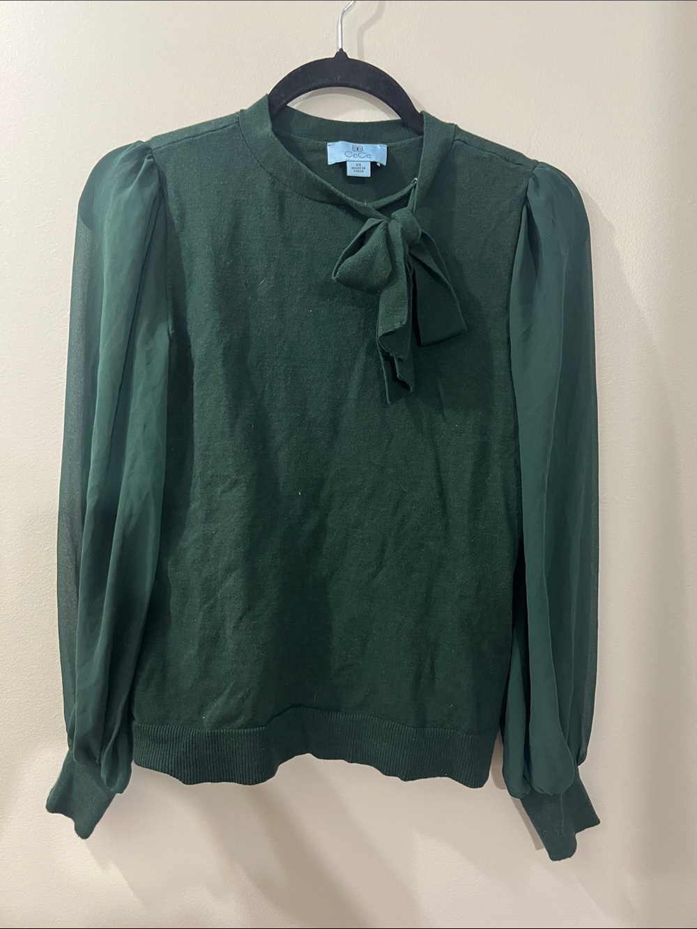 CeCe Dark Green Bow Neck Puff Sleeve Sweater